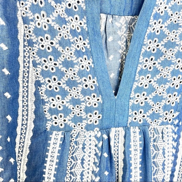 Zara Chambray Denim Eyelet Long Sleeve Smock Dress Sz S - Picture 6 of 13